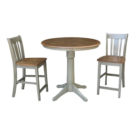 International Concepts Round 36 in Rd Ped Gathering Ht Table, 2 San Remo Stools, Hickory/Stone, 36 in W, 36 in L, 35.1 in H K41-36RT-27B-S102-2